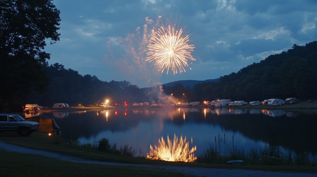 Fireworks over lake at night, campsite celebration