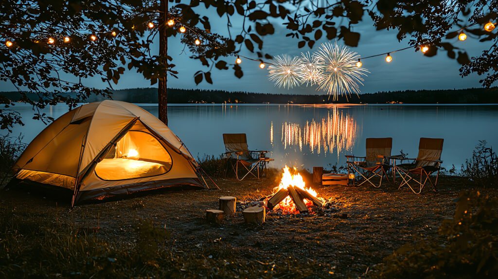 Serene lakeside camping scene with fireworks reflecting over the water